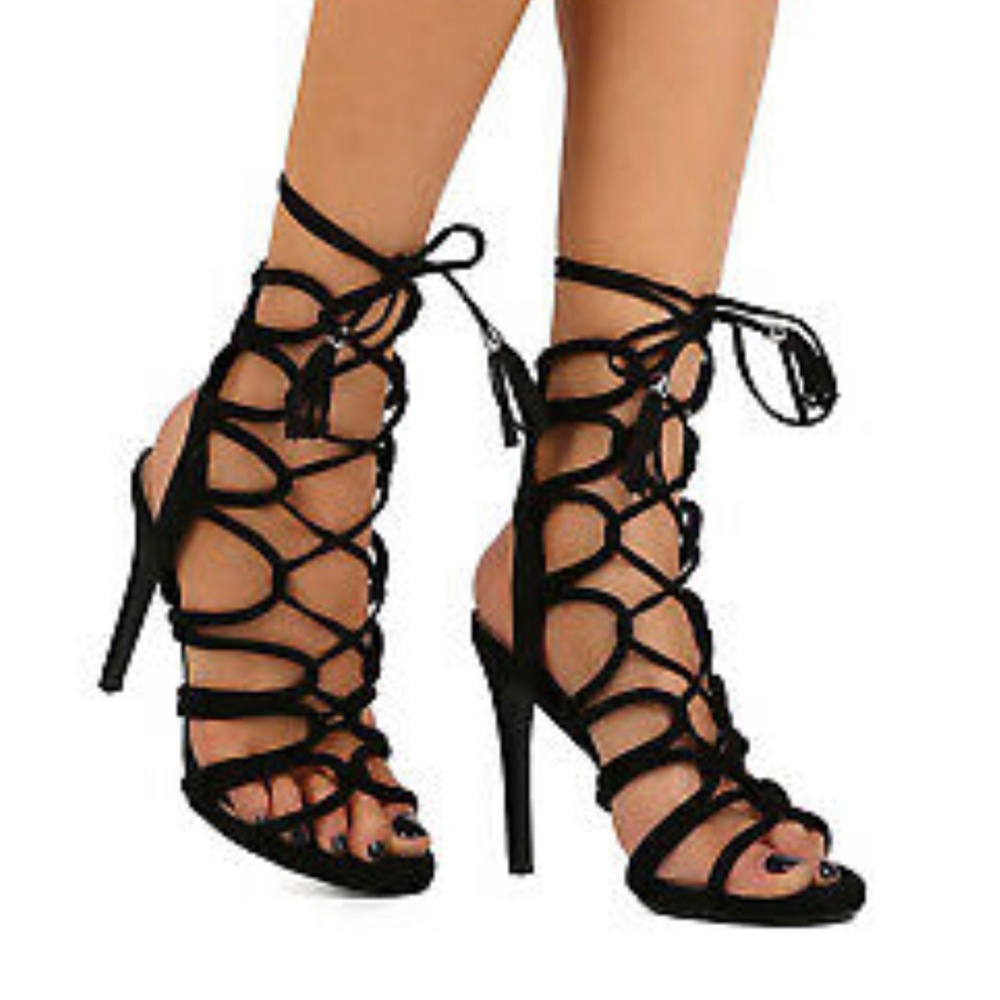 Suede Open Toe Loop Gladiator Wrap Stiletto Sandal